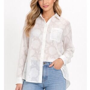 IZURIA Classic White Floral Burnout Sheer Collared‎ Button Down Shirt Top Size L